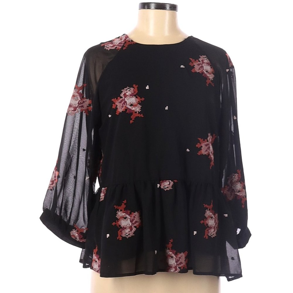 Blue Rain Sheer Long Sleeve Embroidered Cross-Stitch Black Floral Blouse